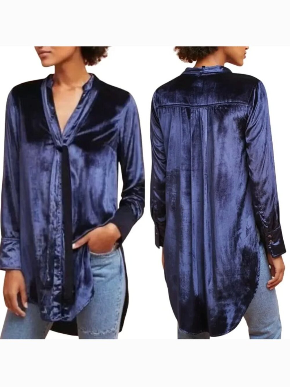 Anthropologie Maeve Crushed Velvet Tie Neck Tunic Blouse Navy Blue NWOT 00